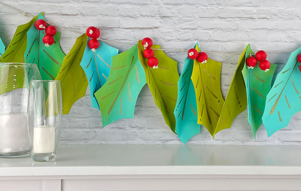 Decorative Teal and Glitter Holly Leaves