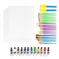 This bundle includes 3 pre-stretched canvases, 25 paint brushes, and acrylic paint.