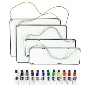 This bundle includes 2 large and 2 small blank metal enamel white signs. 12 tubes of acrylic paint are also included.