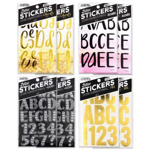 The ArtSkills Letter Combo Bundle includes 4 types of letters: 320 black handwritten letters, 320 gold calligraphy letters, 320 metallic gold letters, and 260 silver glitter & gem stickers.