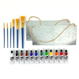 This bundle includes 2 galvanized metal plaques, 12 tubes of of acrylic paint, and 6 paint brushes.