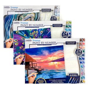 This set includes 3 ready to hang paint by number kits.