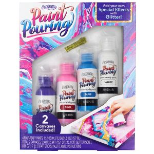 Paint Pouring Kit with Canvas Panels, Tools & Glitter