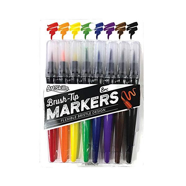 No Drip Paint Brush Tip Markers - 8 Bold Colors