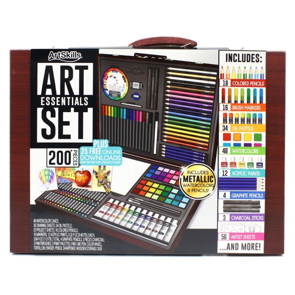 Complete Painting and Drawing Art Set in Portable Wooden Case, 200 Pieces